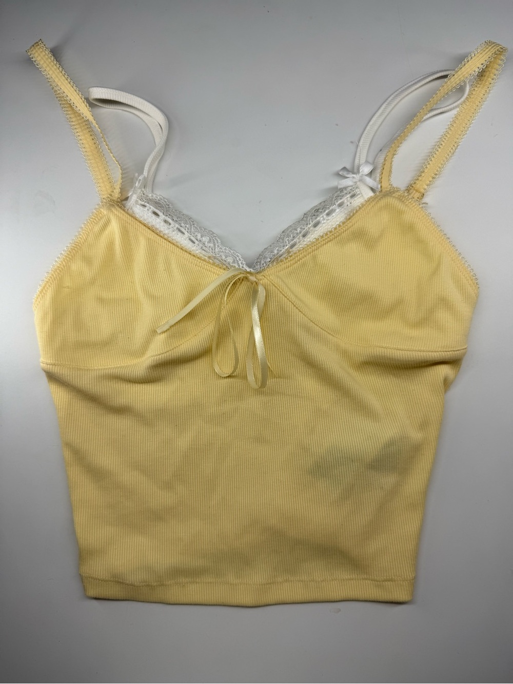 Edikted Pale Yellow Lace-Trim Ribbed Cami